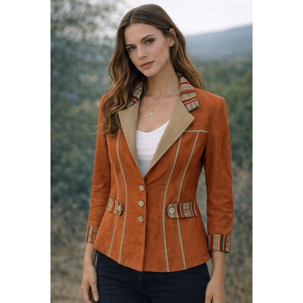 Vintage Canvasbacks Southwestern‎ Linen Blend Blazer Terracotta Orange 4